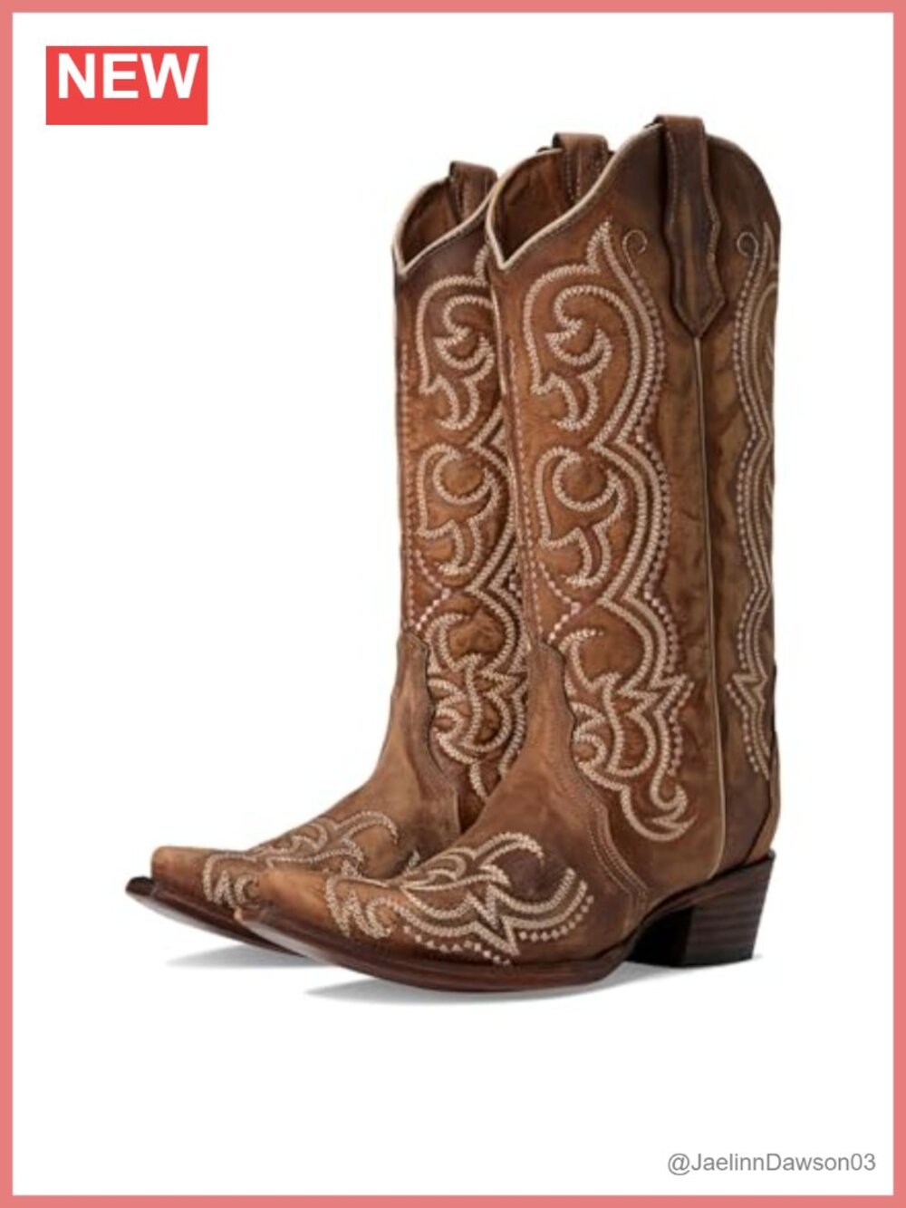Western Calf High Boots Snip Toe Pull-On Leather Embroidered Cuban Heel